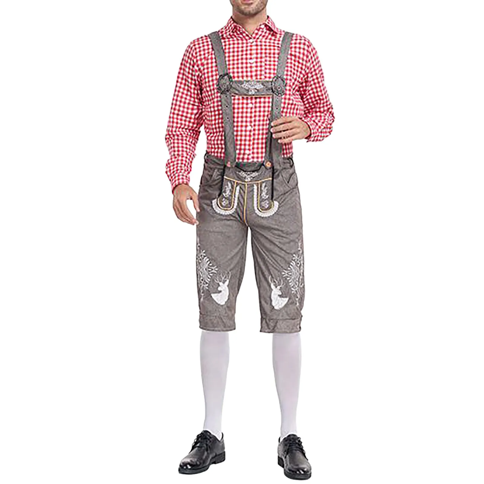 New Traditional German Oktoberfest Clothes Plaid Shirt Men Beer Suspenders Pantsuit Halloween Beer Shirt And Pants 2PC