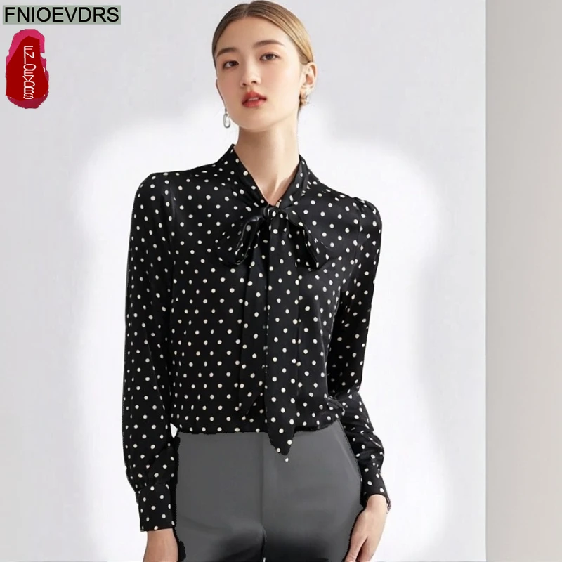 

Bow Tie Tops Women Long Sleeve Korean Style Design Work Elegant Office Lady Cute Ribbon Sweet Basic Dot Shirts Blouses