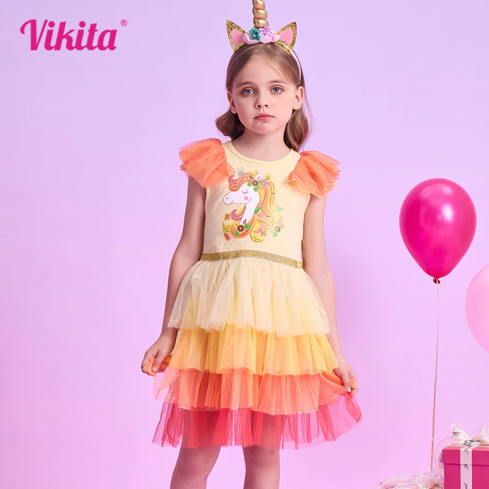 

VIKITA Kids Summer Vestidos Girls Flare Sleeve Mesh Tulle Layered Princess Birthday Party Tutu Dresses Girls Unicorn Print Dress