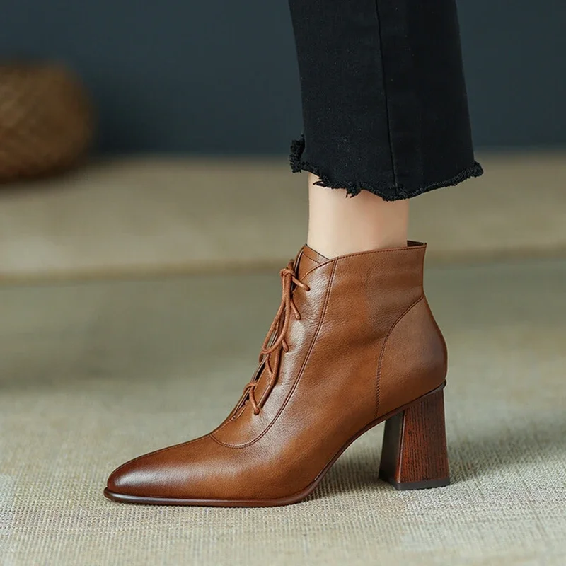 NEW Fall Shoes Women Pointed Toe Chunky Heel Shoes Women Retro Split Leather Modern Boots Concise Ankle Boots Women Brown Shoes