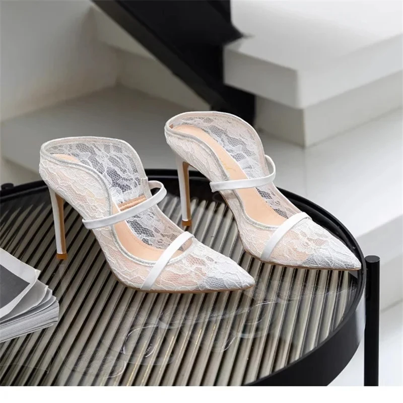 

French Mesh Lace Sandals for Women Bride Wedding Shoes Slip On High Thin Heel Breathable Hollow Pointed Toe Mules Shoes