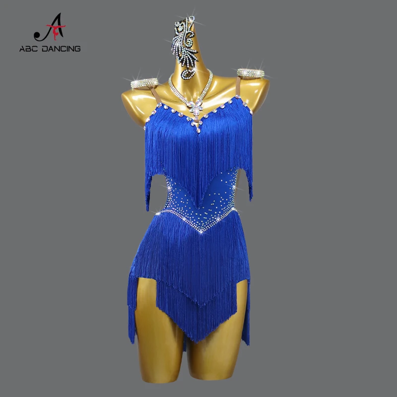 2024 novo desempenho latino vestido de dança feminino sexy bola ao ar livre festa franja saia esportes prática wear linha azul terno personalizado