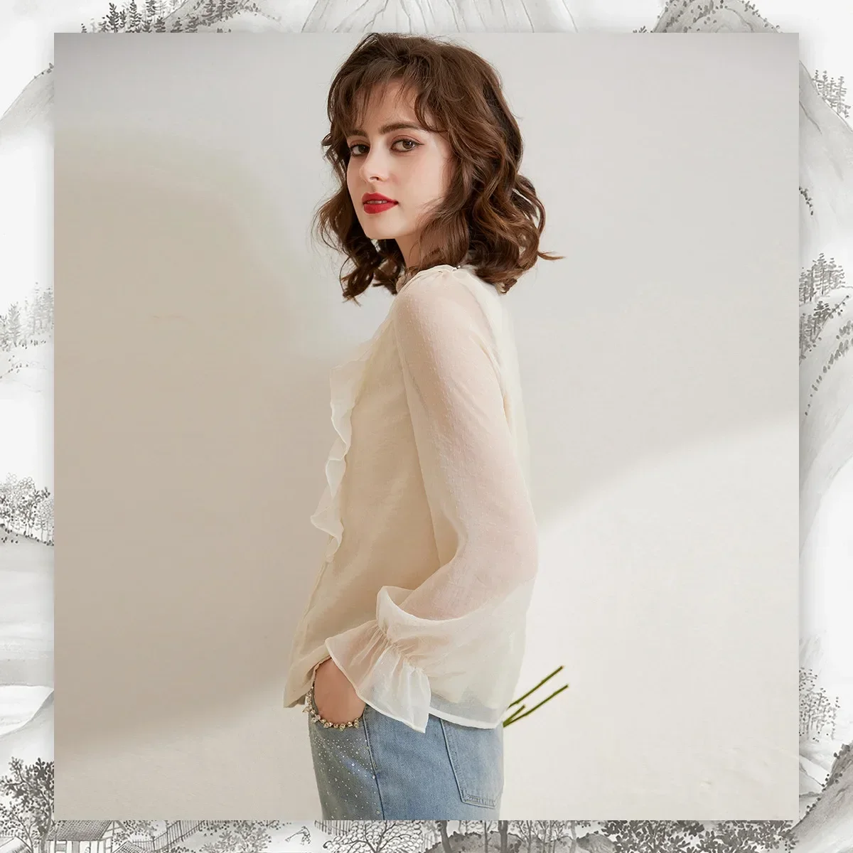 LOUIS YAO 2024 Nail Bead Embroidered Button Down Shirt New Chinese Style Small Stand Collar Shirt Long Sleeved Women's Shirt