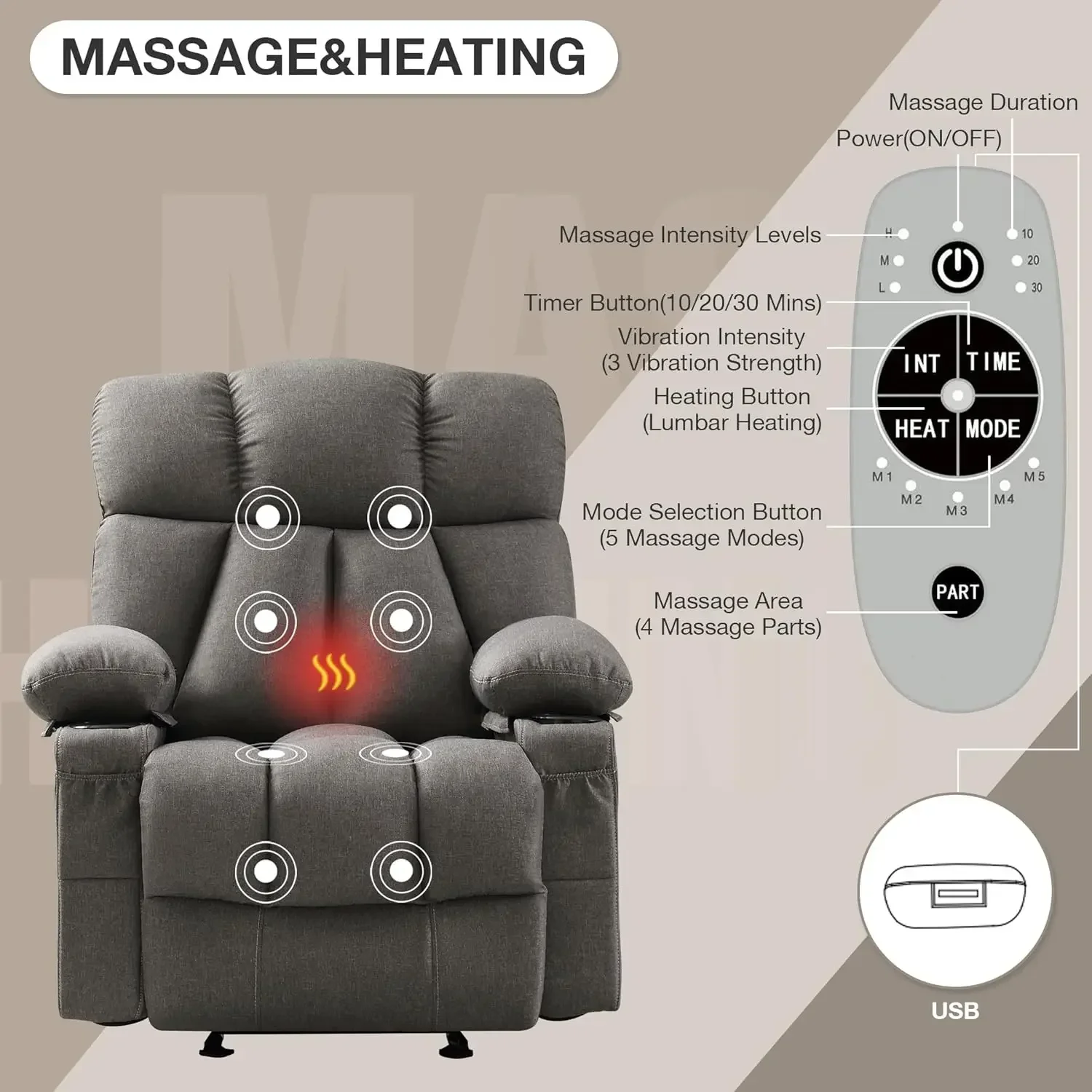 [Preço com desconto! ] Cadeira reclinável massage rocker com calor e vibração Cadeira de balanço ergonômica para sala de estar confortável