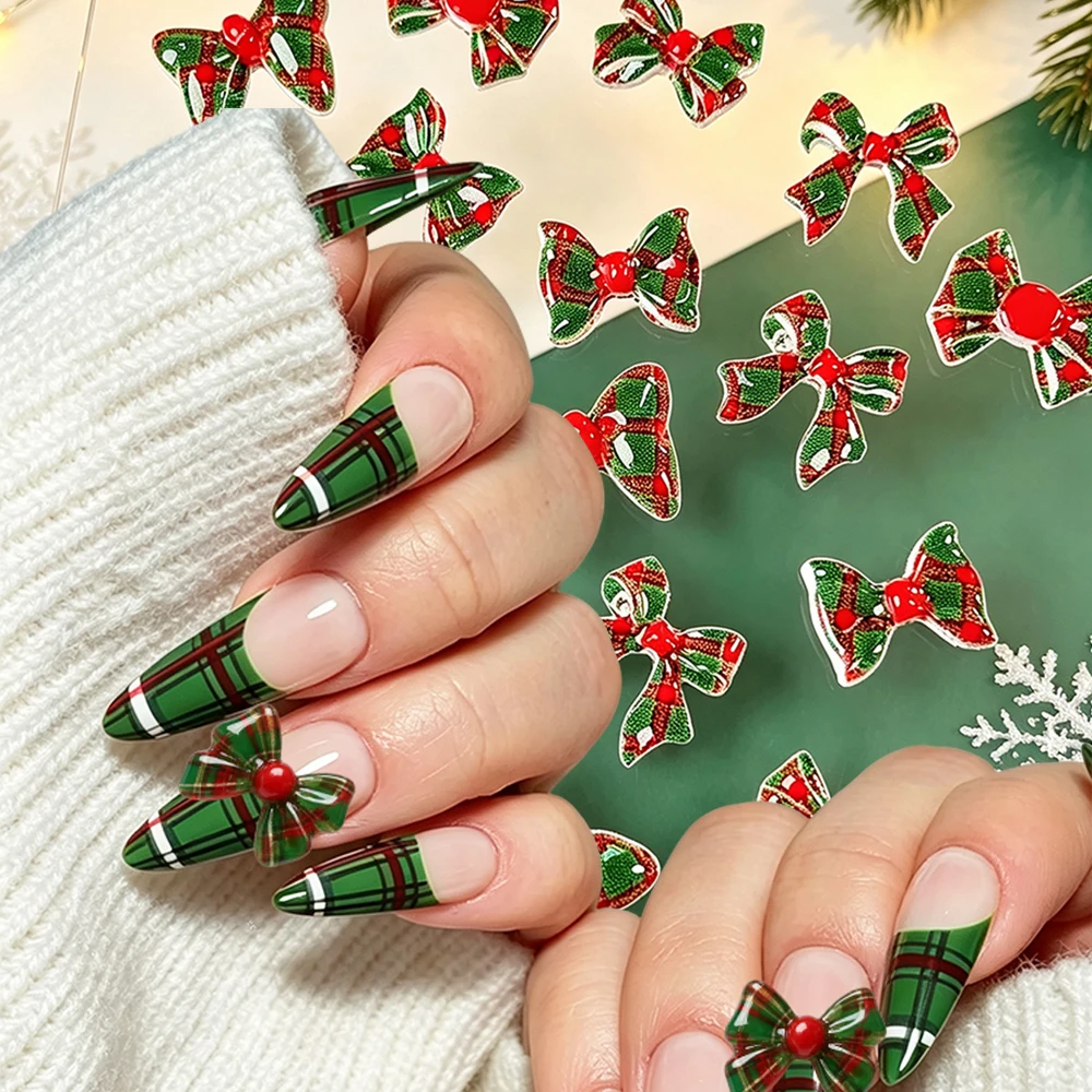 50/100Pcs Mixed Christmas Bow Nail Charms 3D Resin Red Green Plaid Bowknot Nail Decorations For Xmas DIY Manicure Nail Supplies