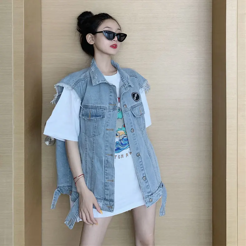 Gilet en Denim pour femmes, tendance, rue, printemps automne, ample, coussin d'épaule, Jaet Harajuku, vêtements de travail, gilet d'extérieur