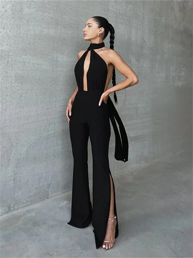 

kliou Halter Ribbons Jumpsuits Women's Trend Hollow Sleeveless Side Split Backless Chic Skinny Overalls Female Solid Attirewear
