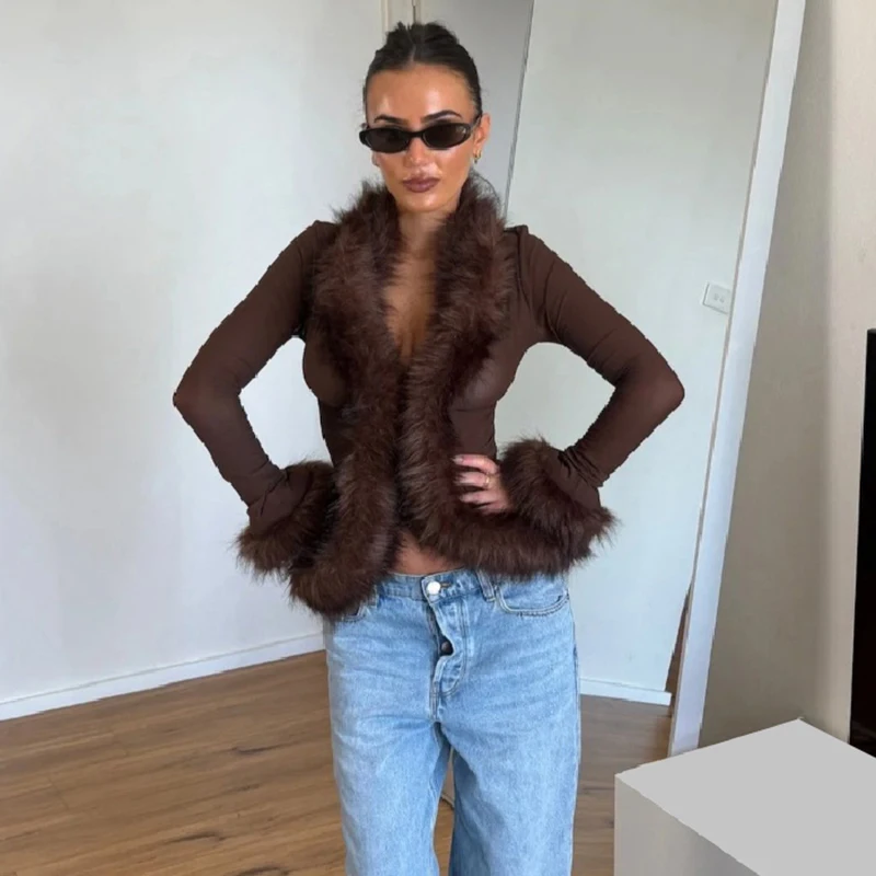 Faux Fur Trim Cropped Jacket Women Mesh Long Sleeve V Neck Slim Fit Coat Warm Winter Vintage Y2K Street Club Ladies Outerwear