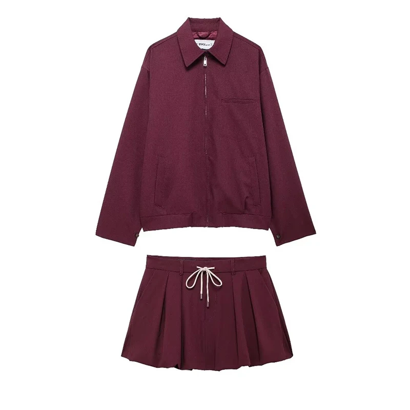 Willshela Women Fashion 2 Piece Set Wine Red Front Zipper Jackets & Vintage High Waist Mini Skirt Female Chic Skirts Set