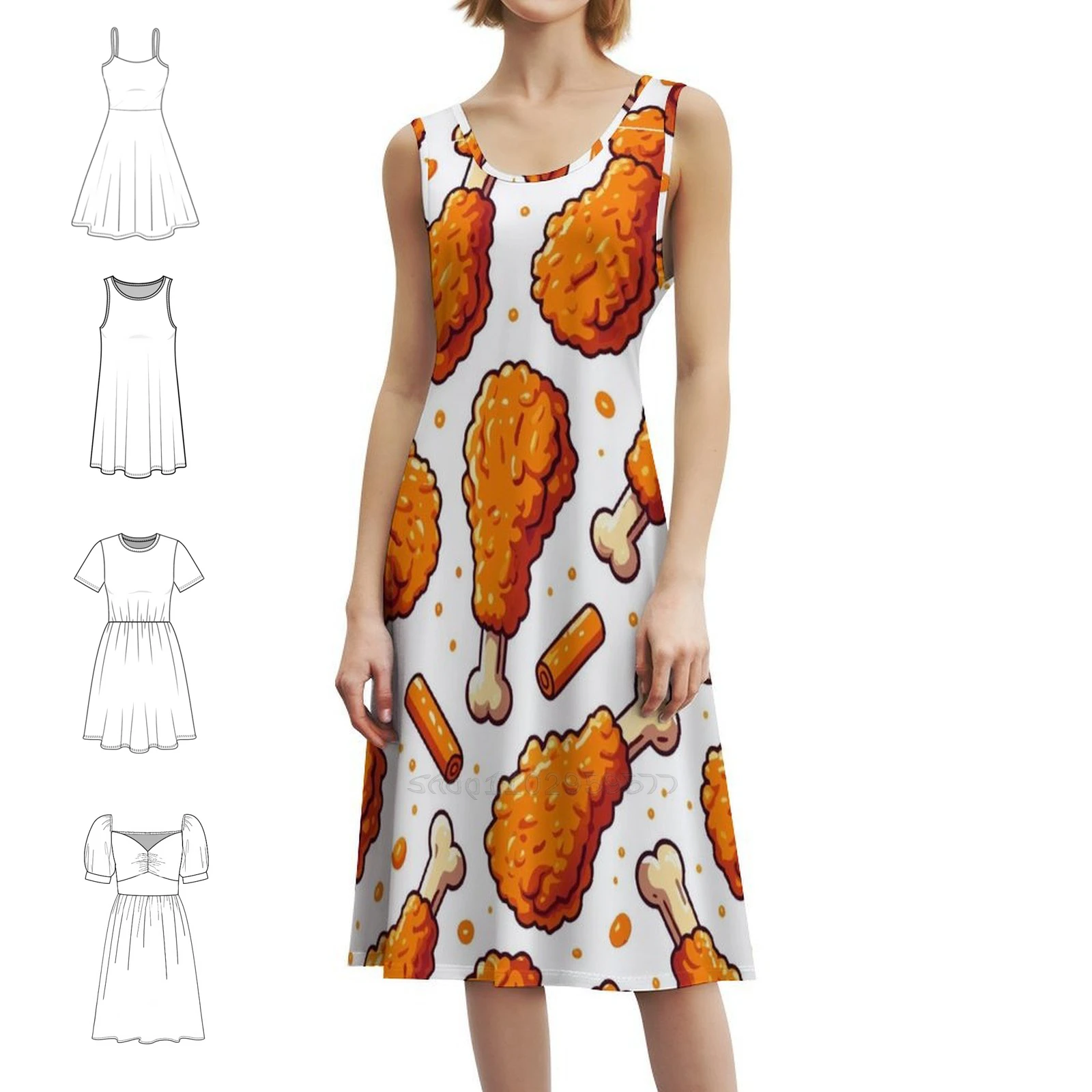 فستان قصير على شكل دجاجة مقلية مقرمشة على طراز بريبي للنساء على شكل حرف a فضفاض مناسب فستان يوم غير رسمي دجاج مقلي مقرمش