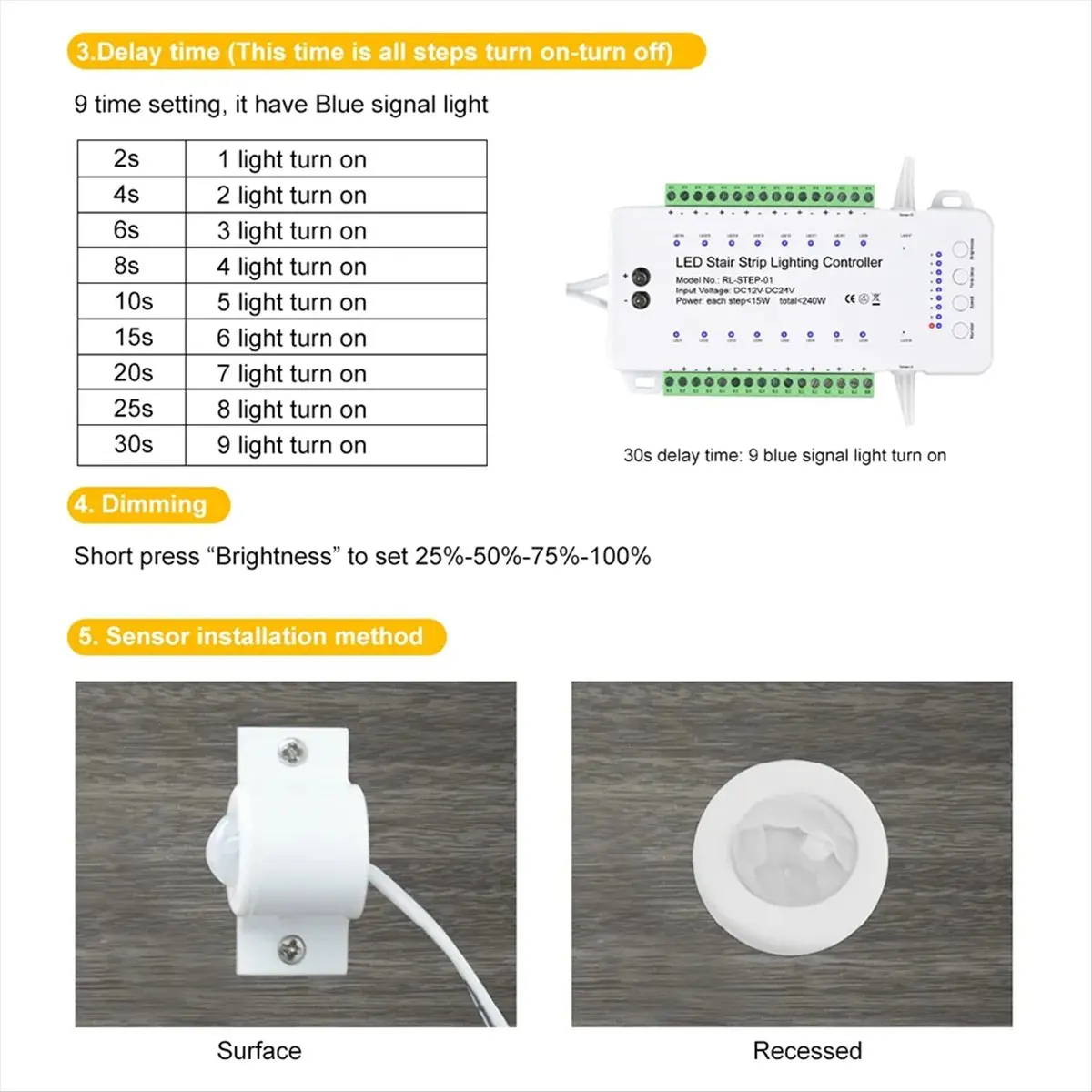 Delighted- 16 Channels Led Stair Light Staircase Controller 2 PIR for Indoor Flexible LED COB Strip Light Without Remote Control