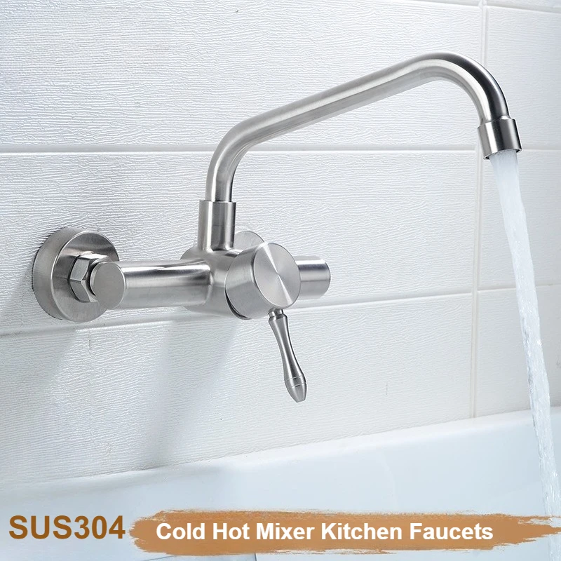 

Смеситель для кухонной мойки из нержавеющей стали с двумя отверстиями, настенный, для холодной и горячей воды, поворотный, для балкона