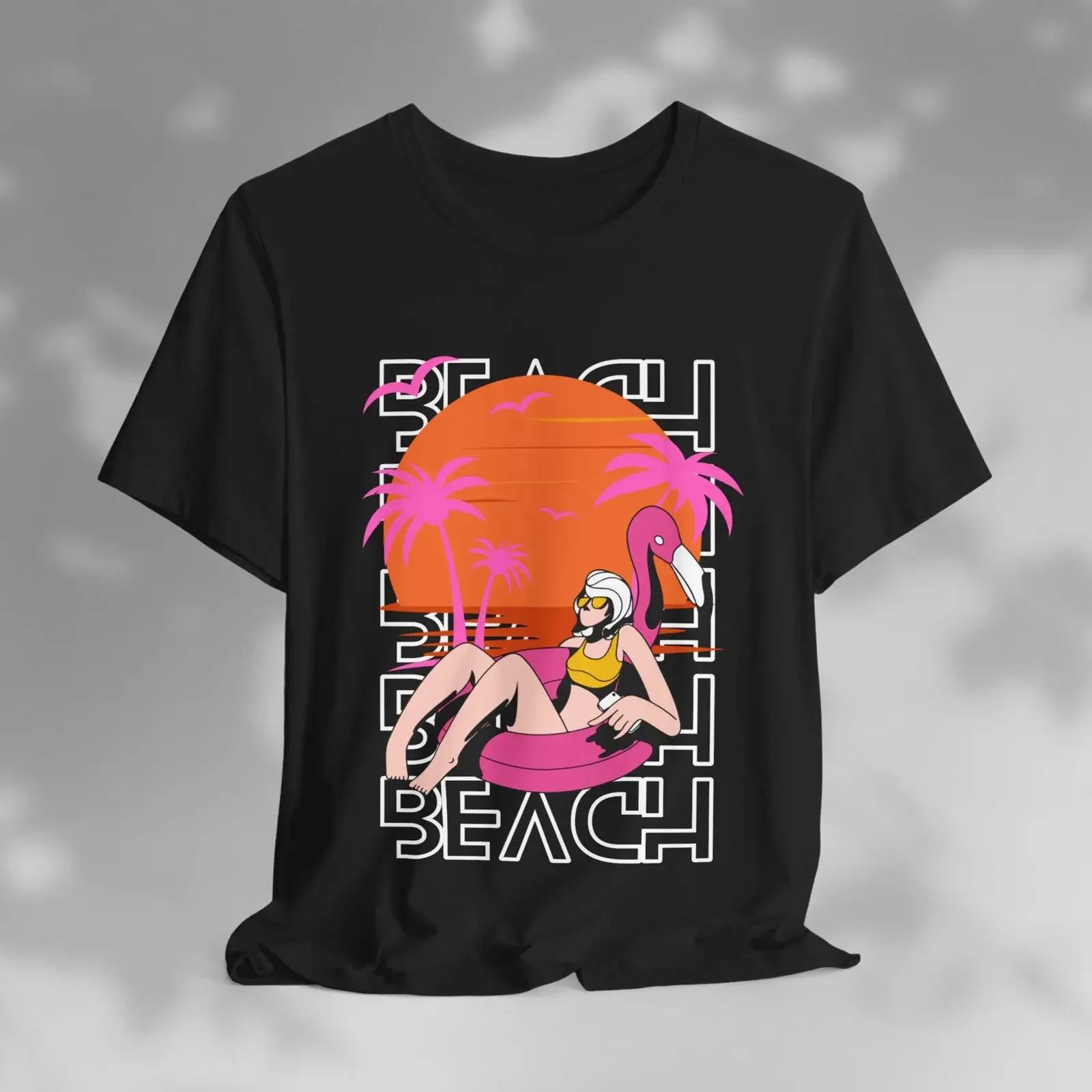 Retro-Strand-Vibes T-Shirt Sommer Flamingo Freizeitkleidung Einzigartig für Liebhaber Urlaubsoutfit Vintage-Waschung Vielseitiges Motiv