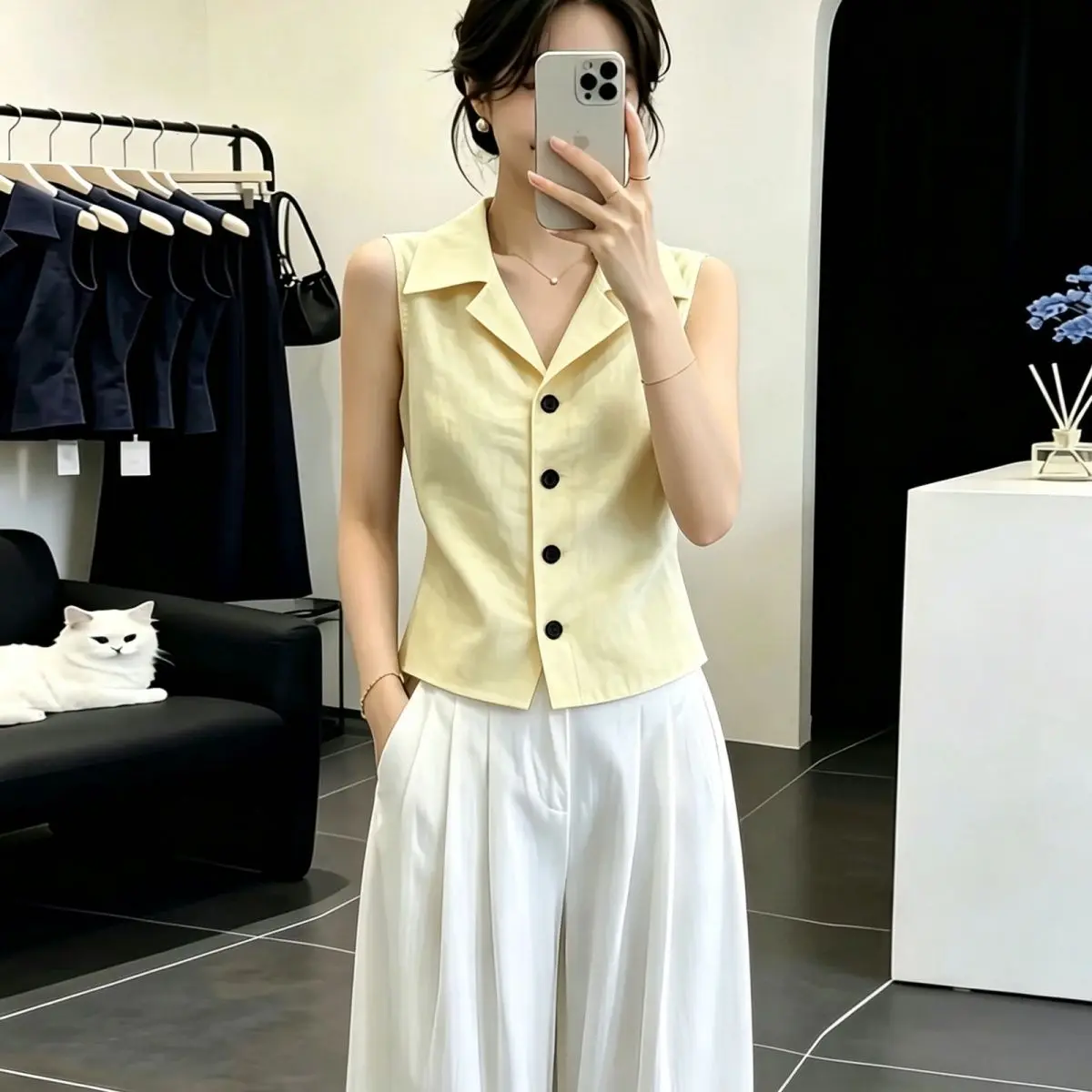 

Slim Fit Shirt Blue Vest Strap Ladies Summer Fashionable Mature Style Top Button up Short Sleeve Women's Clothing
