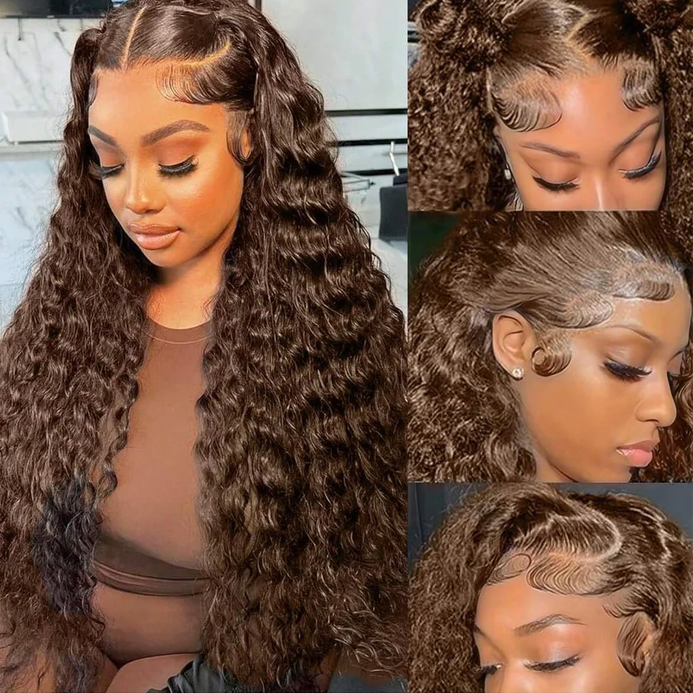 200% Chocolate Brown Deep Wave Human Hair Wig 30 40Inch Transparent Lace Frontal Wigs For Women 13x6 Lace Front Water Curly Wigs