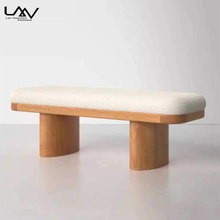 Nordic Simple Style Wooden Bedroom Sofa Bench Hotel Villa Living Room White Upholstered Footstool Furniture