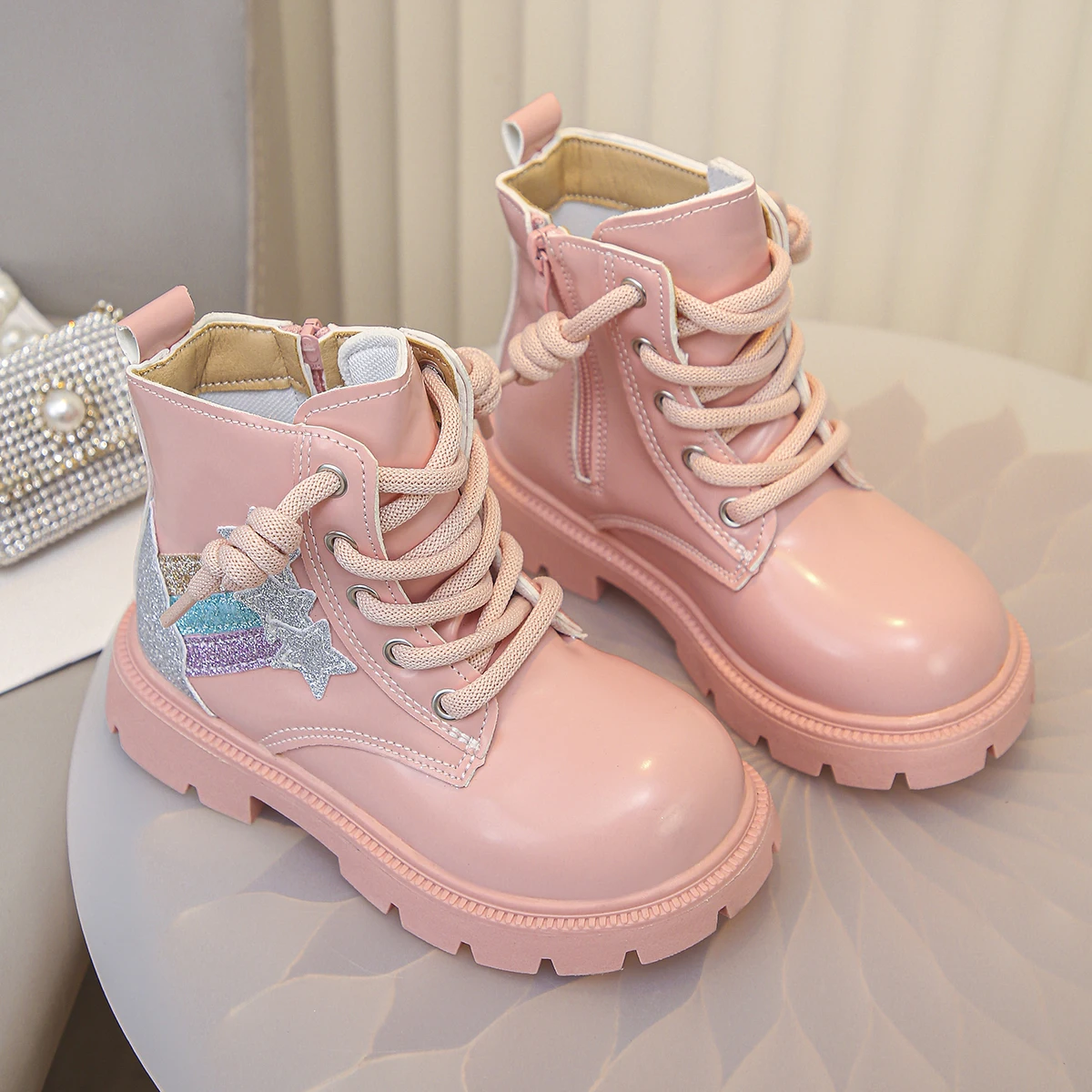 A Pair of Candy-Colored Shiny Rainbow Star-Patterned Cute and Comfortable Girls' Short Boots
