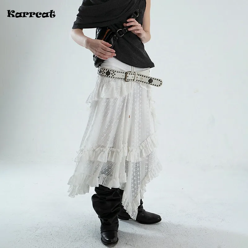 

Karrcat Vintage Y2k Lace Long Skirt Grunge Aesthetics Irregular White Skirts Trashy 2000s Punk Style Ruffles Maxi Skirt Harajuku