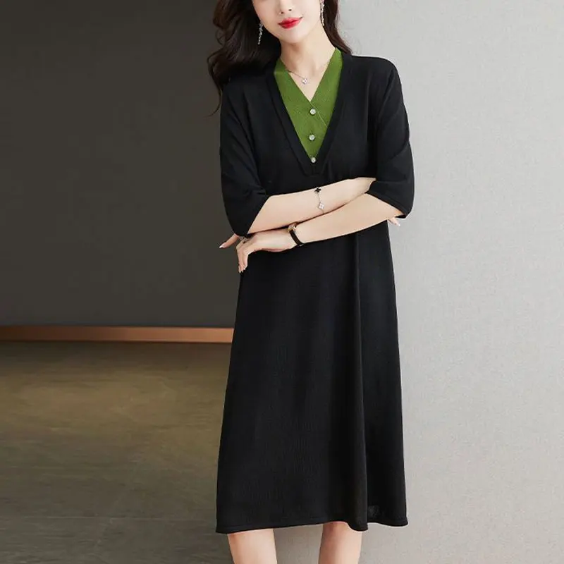 Casual Solid Color Patchwork Midi Dress Summer Half Sleeve Female Clothing Elegant V-Neck Button All-match Loose A-Line Dresses