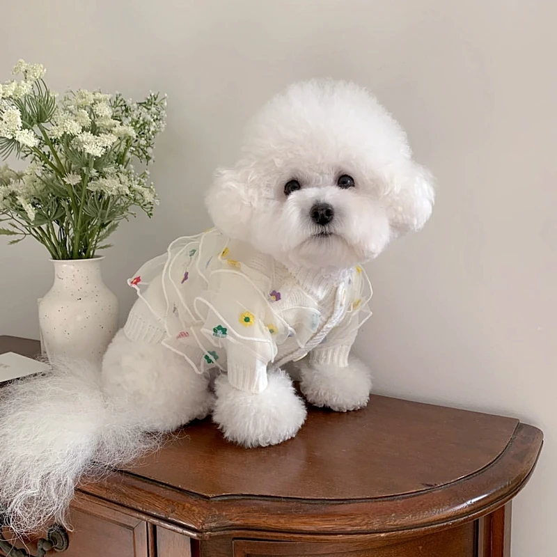 Dog Lace Sweater Flower Embroidery Knit Teddy Warm Winter Coat Classic White Pet Clothes Dog Beautiful Open Button Dog Shirt