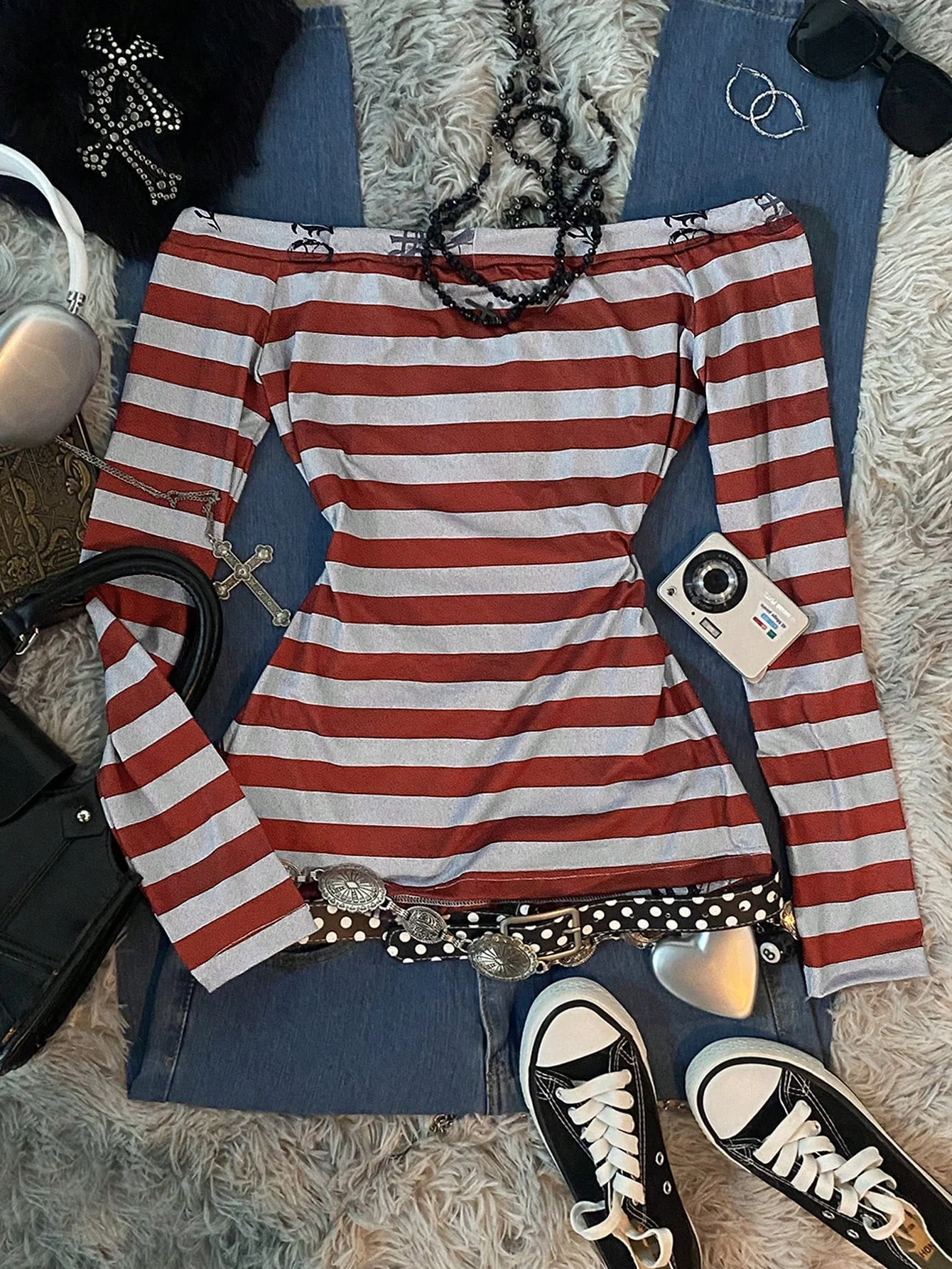 تي شيرت نسائي Y2K Sweet 2000S مطبوع عليه قلب الملاك الأحمر، مخطط بكتف واحد وأكمام طويلة، مناسب لموسم العودة إلى المدرسة، a g