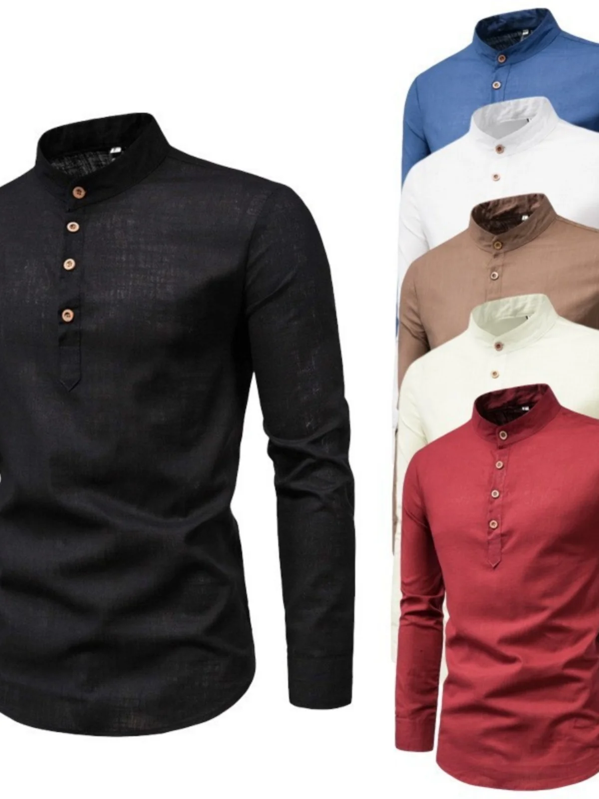 

f Open Mens irt Stand Collar Bule Design Breathable Casual Long Sve Summer Faion Youth Linen Blend Busin C...