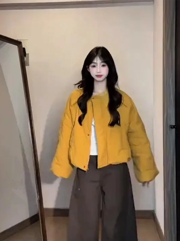 

Autumn Winter Short Cotton Jacket Women's Pumpkin Bread Style Korean Version Thickened Long Sleeve round Neck Single Button