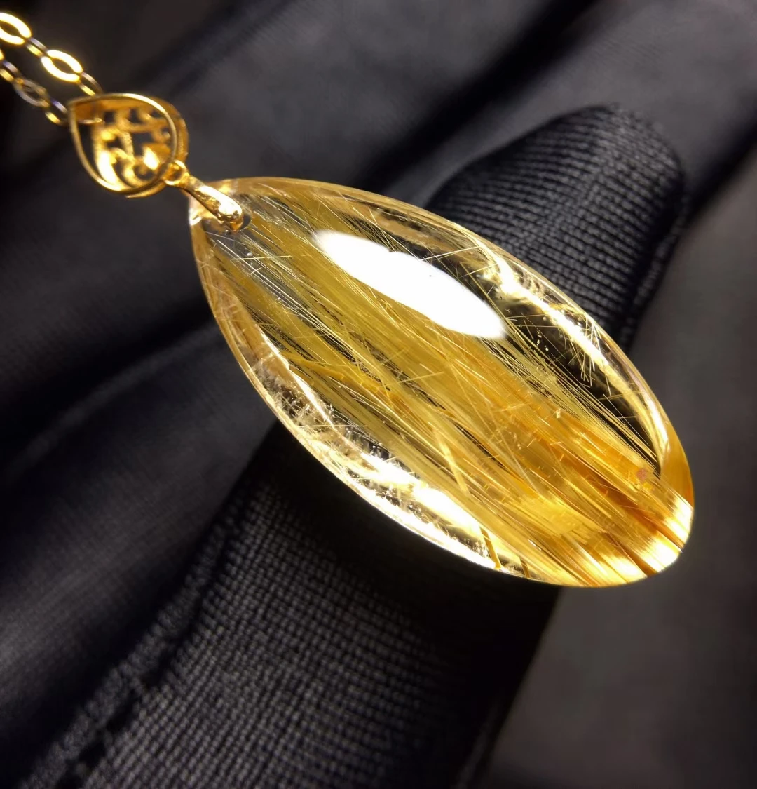 Natural Gold Rutilated Quartz Pendant Necklace 23.6*11.3*6.8mm Cat Eye Rutilated 18K Gold Women Men Jewelry AAAAAAA