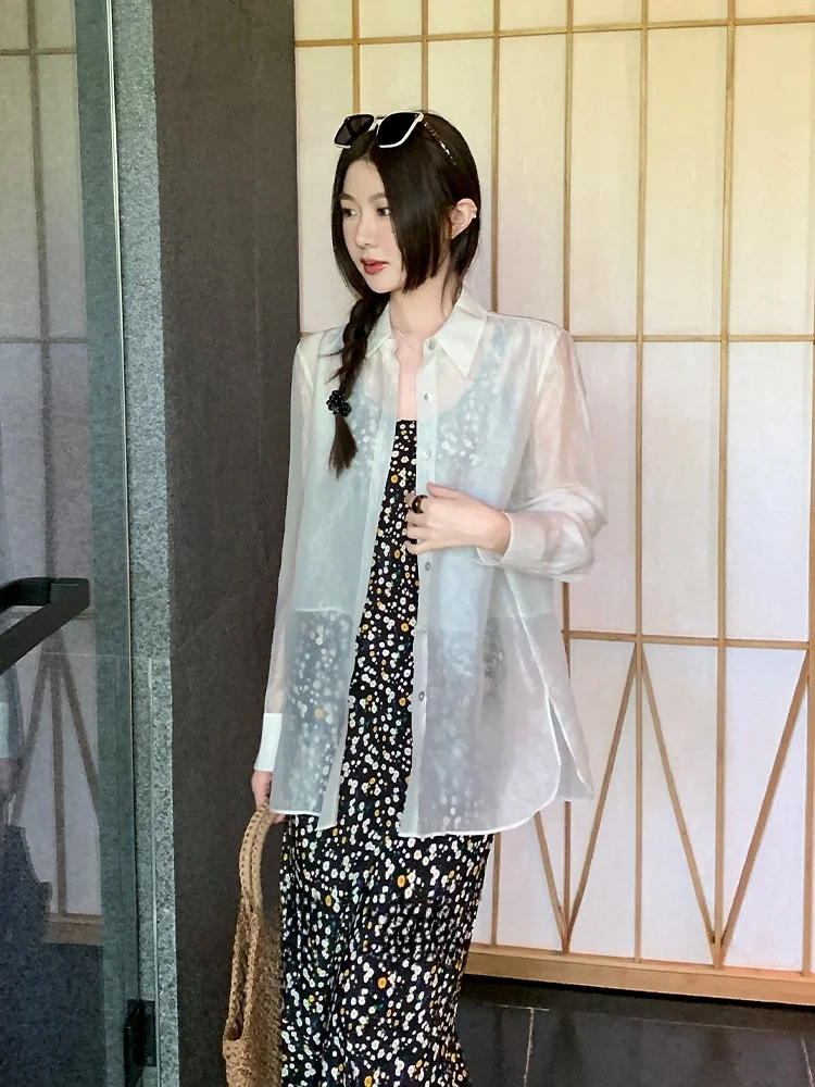 

Женская легкая шелковая рубашка Meng с длинным рукавом: дышащая, повседневная, комфортная, летняя, новый дизайн, прямой крой