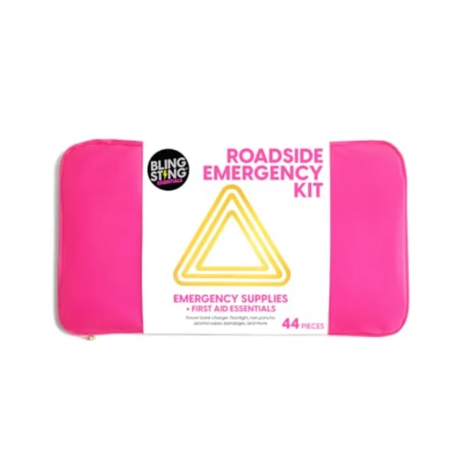 Kit de Emergencia para Carretera, 44 Piezas, Compacto, Color Rosa, Herramientas de Seguridad para Automóvil con Linterna, Herramienta de Escape, Banco de Energía y Elementos Esenciales de Primeros Auxilios, Talla L