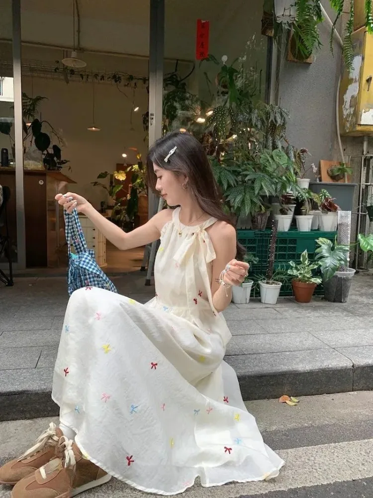 Abiti da donna Fiocco con lacci senza maniche Halter Primavera Estate Dolce temperamento Moda Abito elegante Casual da donna