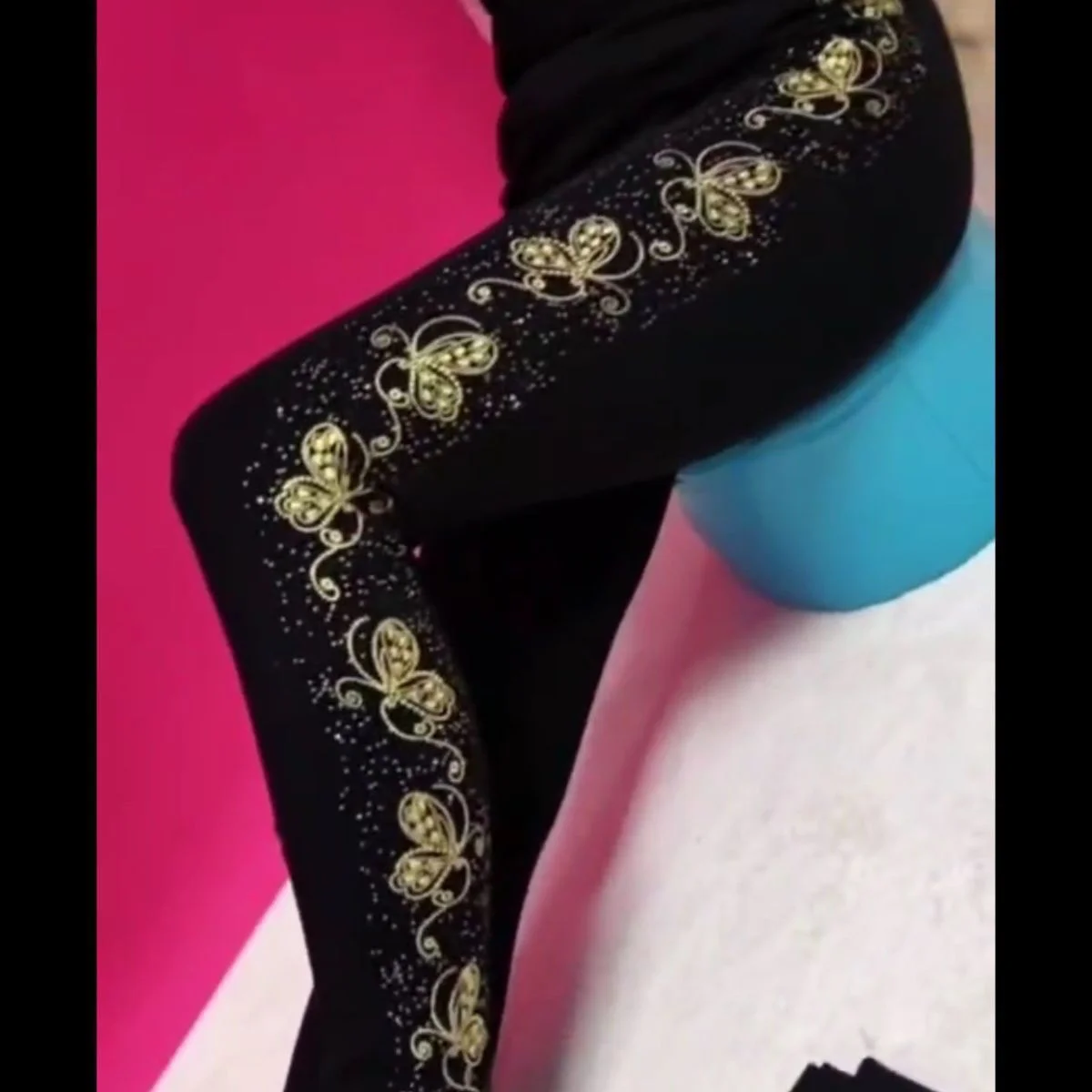 Summer Spring Gold Sequin Women\'s Glitter Leggings Pants High Waist Elastic Black Bottoms Pencil Trousers