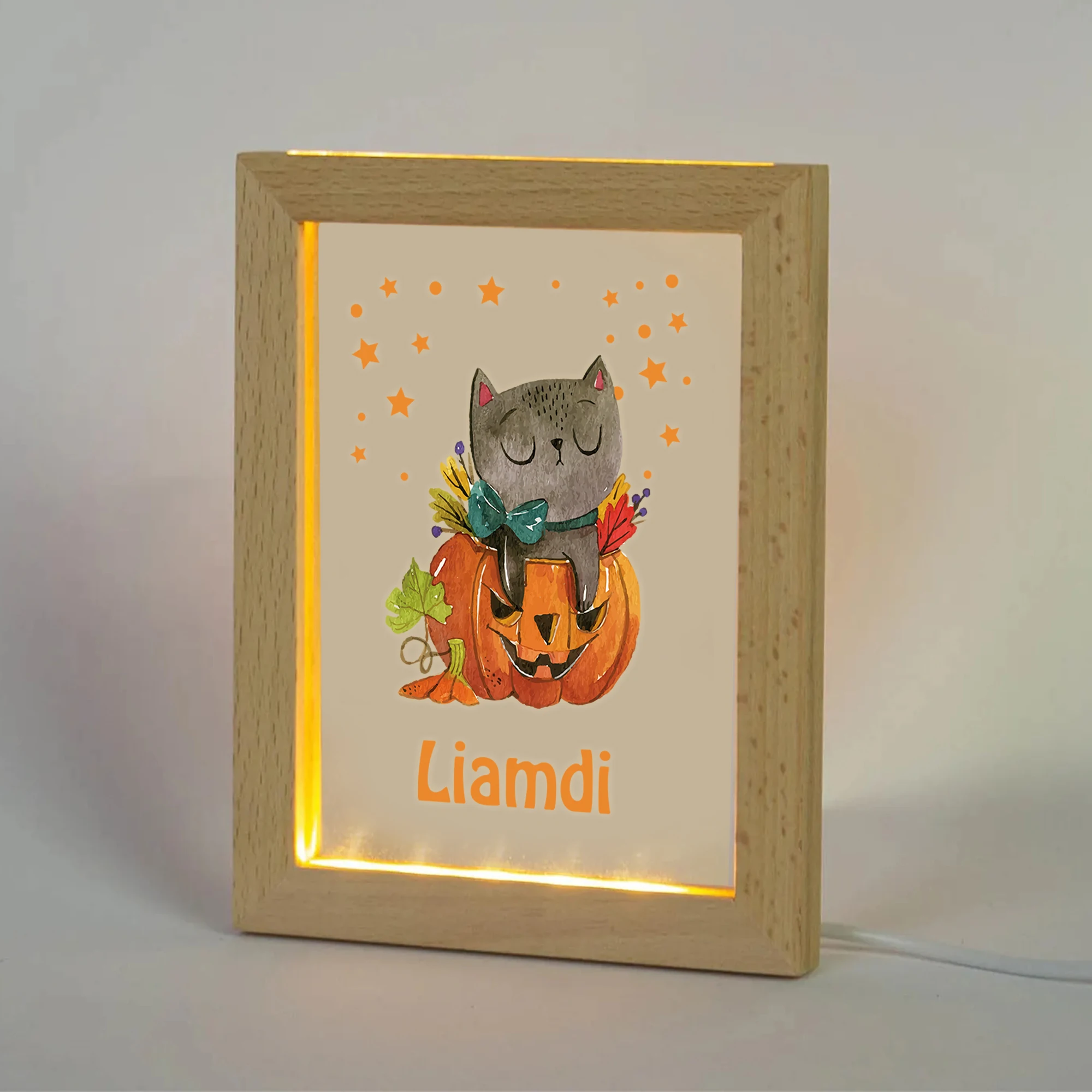 2D شقة مخصصة اسم القط الرعب اليقطين LED الاكريليك ضوء الليل إطار صور خشبي 21x17 سنتيمتر هالوين غرفة نوم هدية ديكور المنزل #5