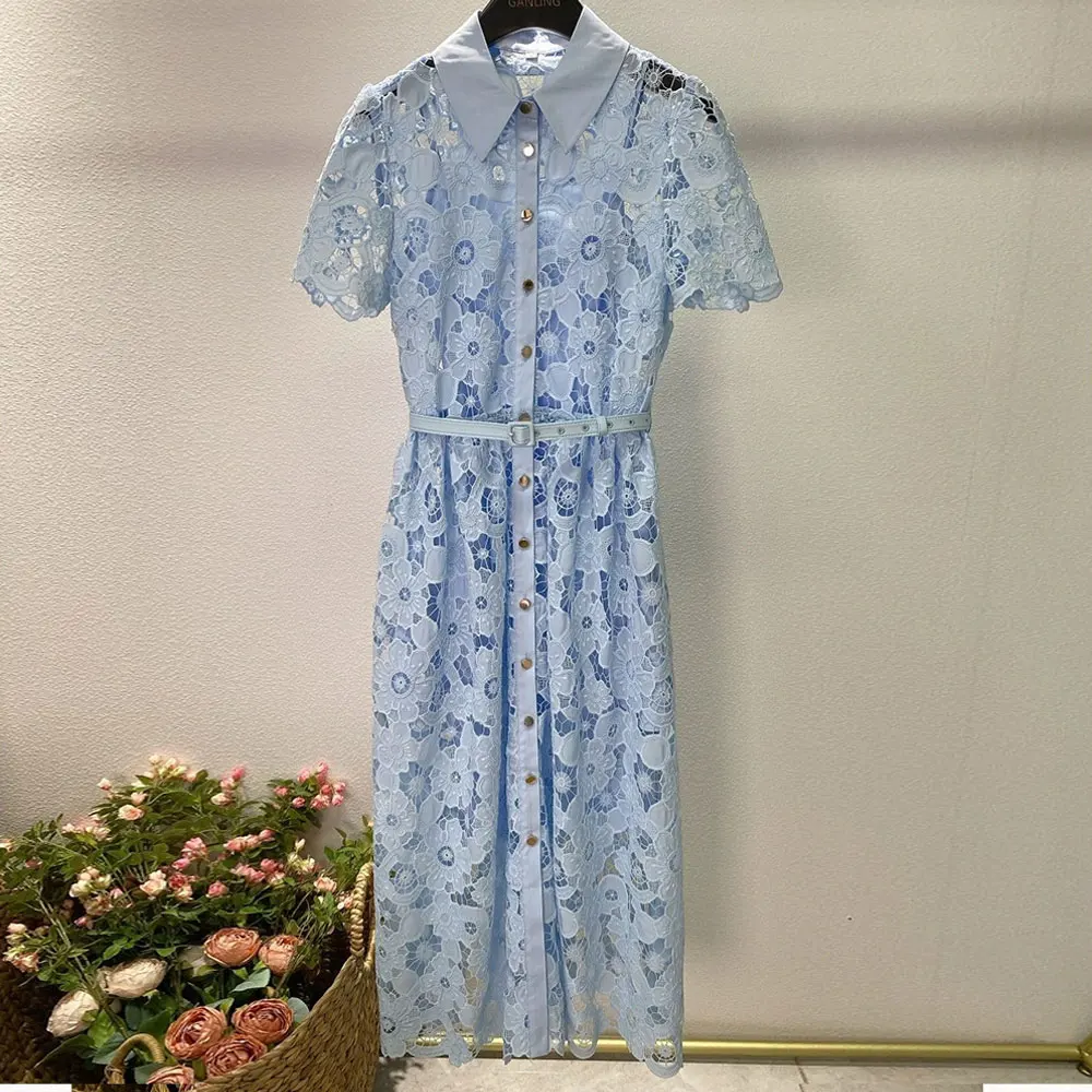 

Elegant Lace Hollow Out Long Dresses Women Summer Holiday Short Sleeve Single Breasted Belt Embroidery Evening Party Vestidos