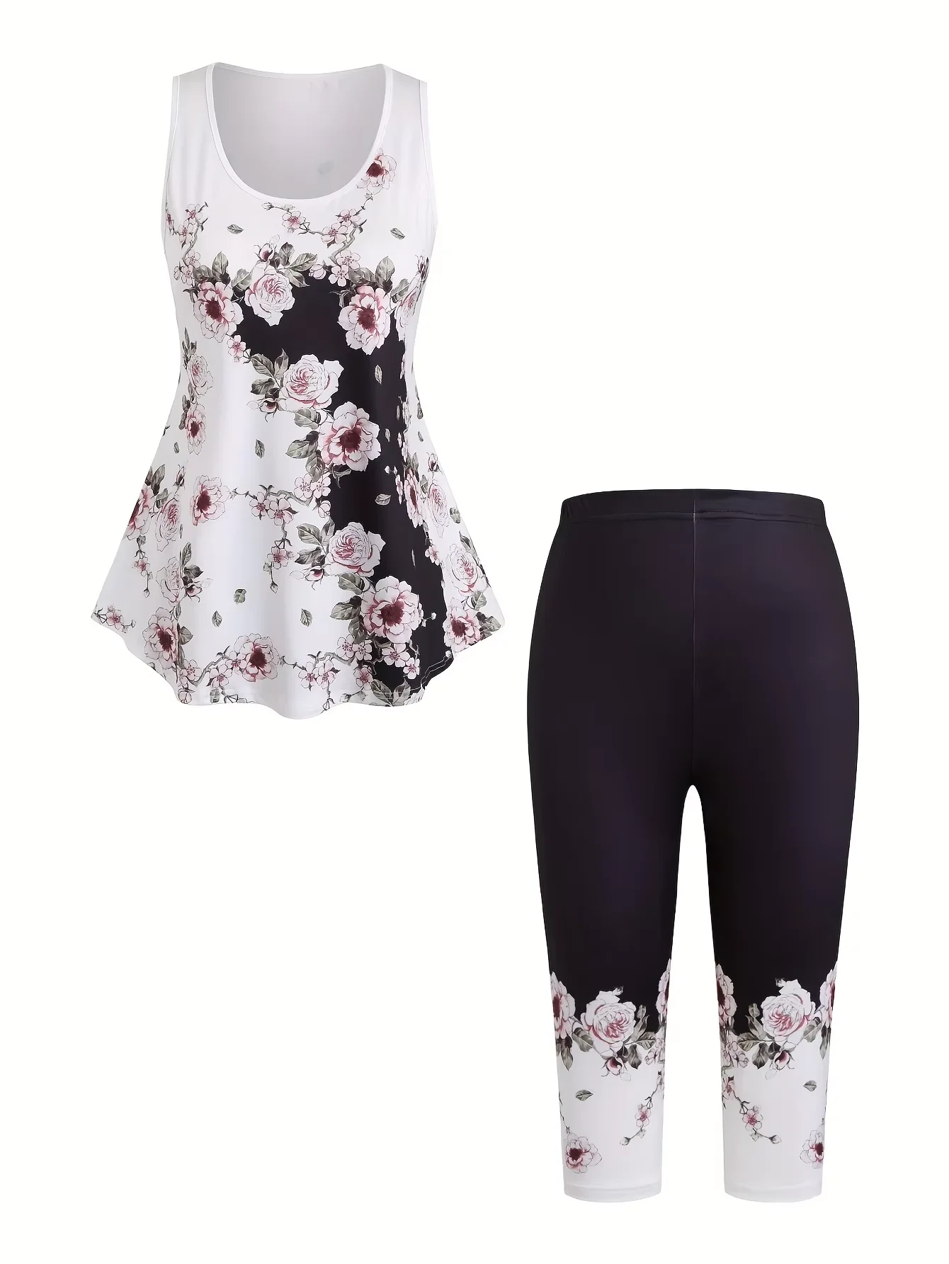 

2025 Summer New Large Size Popular Floral Print Casual Crew Neck Vest and Seven-Eighth Pants Two-Piece Set