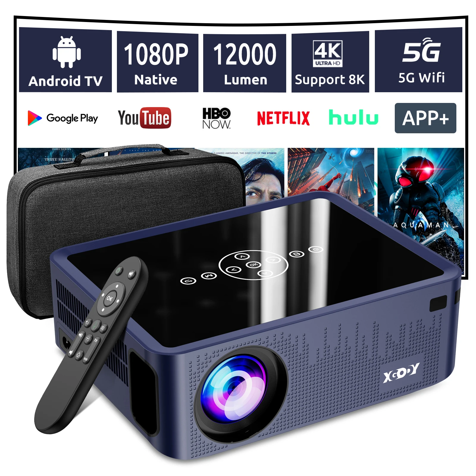 XGODY 4K 12000 Lumen Projector Portable Bluetooth 5G WiFi Home Theater USB Smart HD Projector