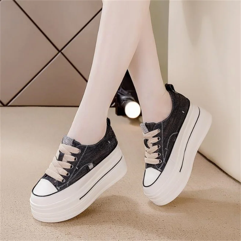 6cm canvas Genuine Leather Platform Sneakers Wedge Super High Heel Women Casual Shoes Chunky Rhinestone Vulcanized shoes 33 40