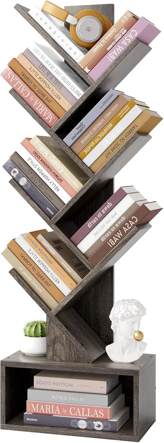 

6-уровневая высокая книжная полка с выдвижным ящиком, отдельно стоящая напольная полка для хранения, серый книжный органайзер для домашнего офиса, гостиной, спальни