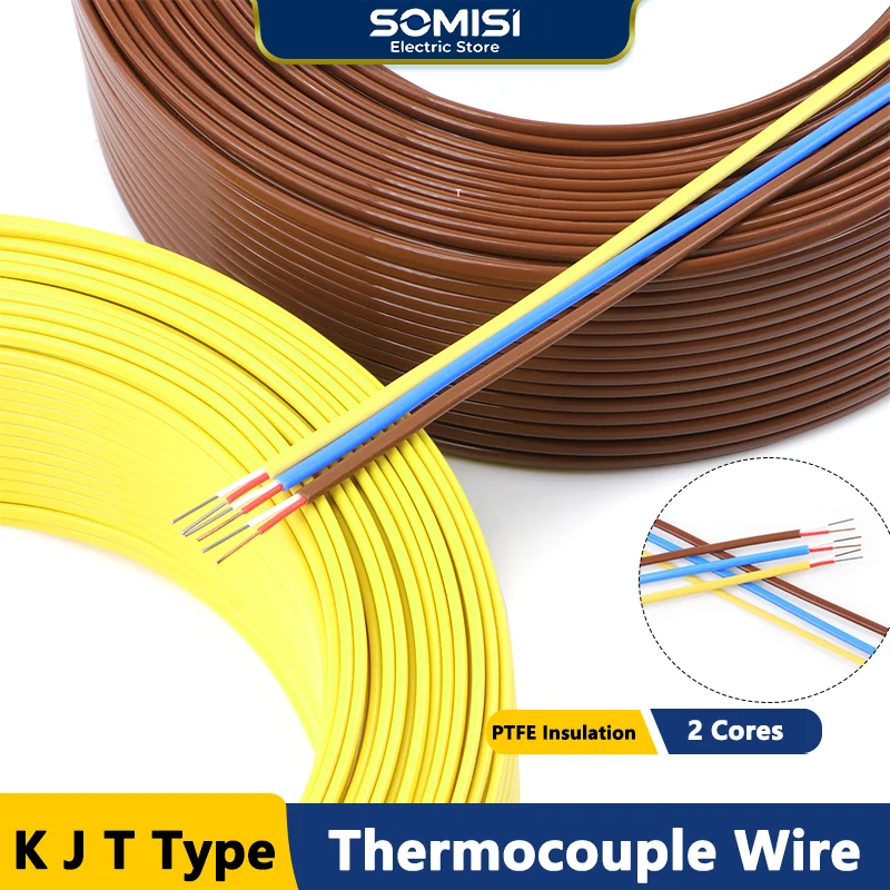 K J T Type Thermocouple Wire 2/5/10/50/100M 2 Cores PTFE Insulator Shielded Line High Temperature Measuring Compensation Cable