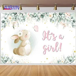 Bunny Girl Baby Shower Party Decor Backdrop It's A Girl Banner Spring Easter Flower Butterfly Rabbit Leaf Photography Background