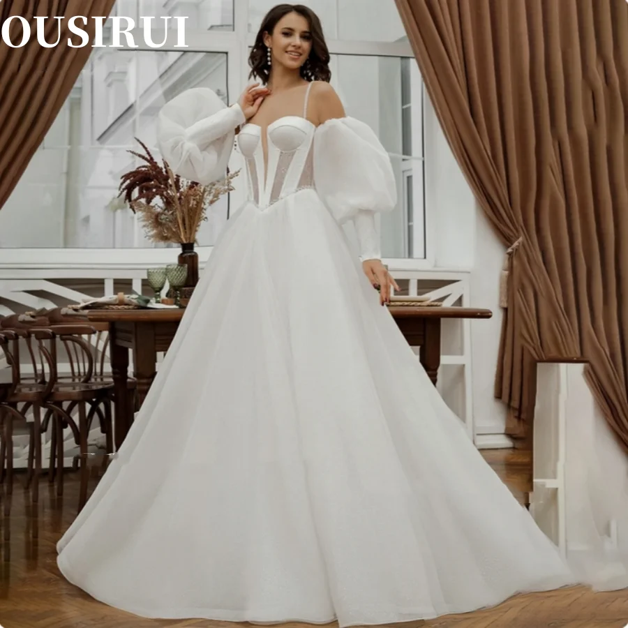 

OUSIRUI A-Line Off Shoulder High Side Slit Bridal Gowns Backless Princess Elegant Solid Satin Wedding Dresses Bride Dress 2024