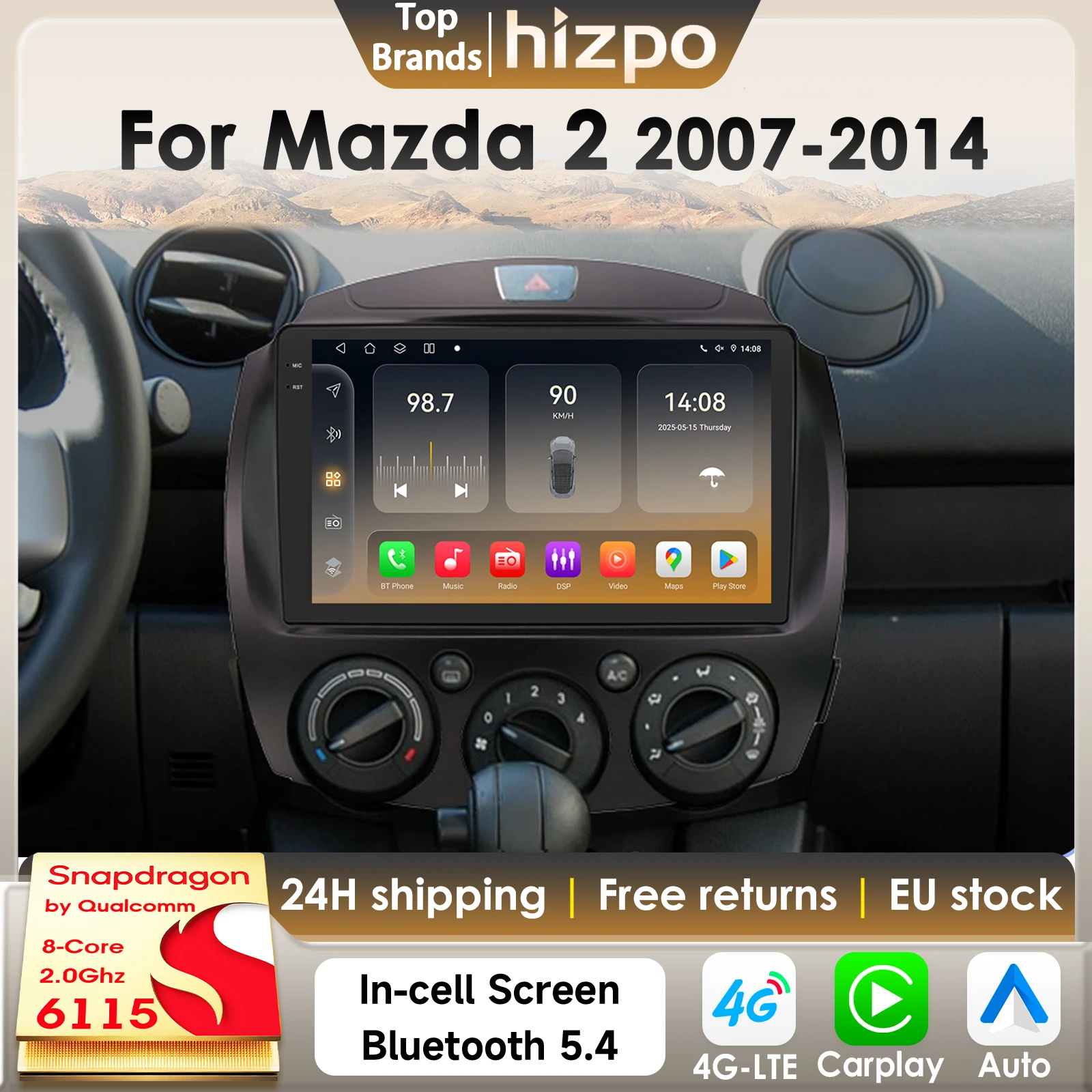Autoradio Android 14 Hizpo 8G 128G 2Din per MAZDA 2 Mazda2 2007 - 2014, GPS Multimediale per Auto 4G Carplay con Qualcomm Snapdragon6115