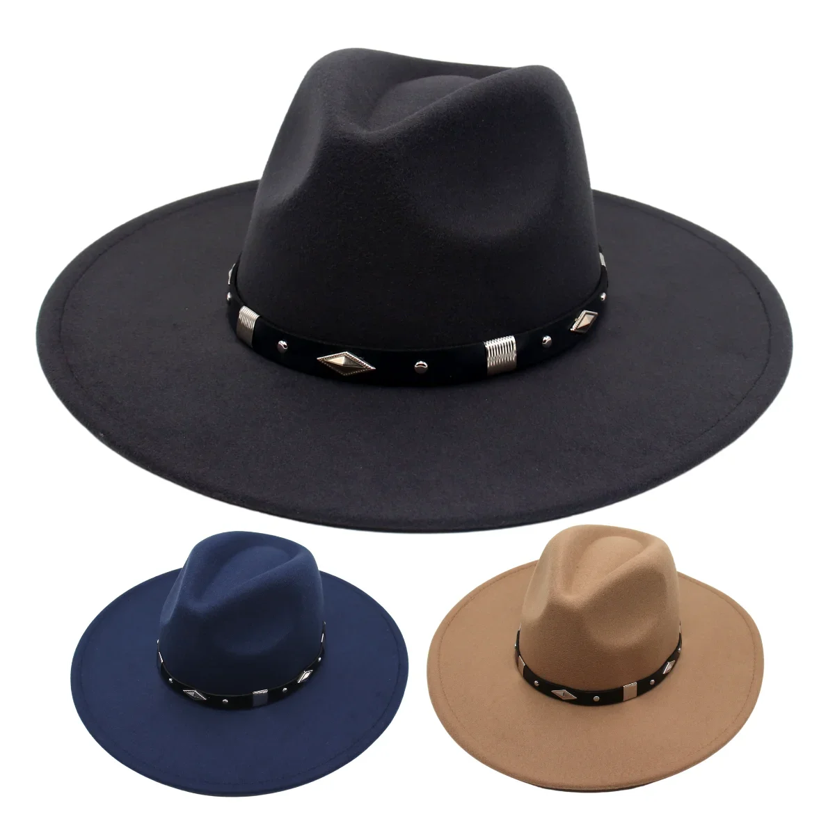 

Large Wide Brim Classic Fedoras Unisex Belt Dress Hat Church Felt Hats For Women 9.5cm British Flat Brim Jazz Wool Men Black Hat