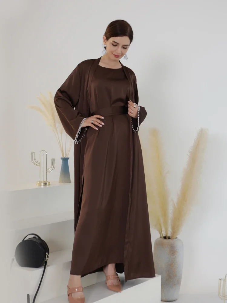 فستان عباية للعيد للنساء مطرز بالخرز طقم عبايات حفلات من الساتان الحريري مكون من قطعتين فساتين رمضان العربية السعودية رداء قفطان قفطان