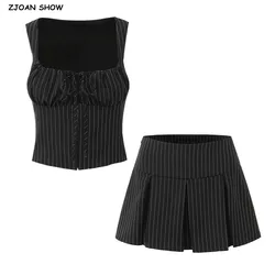 2025 Black Striped Bow Ruched Chest Hook Buttons Crop Top Women Low Waist Package Hips Pleated Mini Skirt Suits 2 pieces 1 Set
