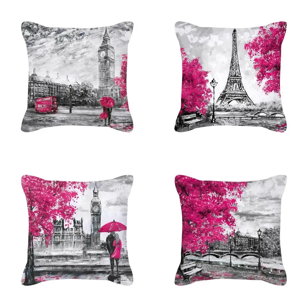 

Home Decor Eiffel Tower & Big Ben Artistic Cushion Covers Pattern Cushion Cover Suitable for Sofa Bedroom Car Pillow Cover