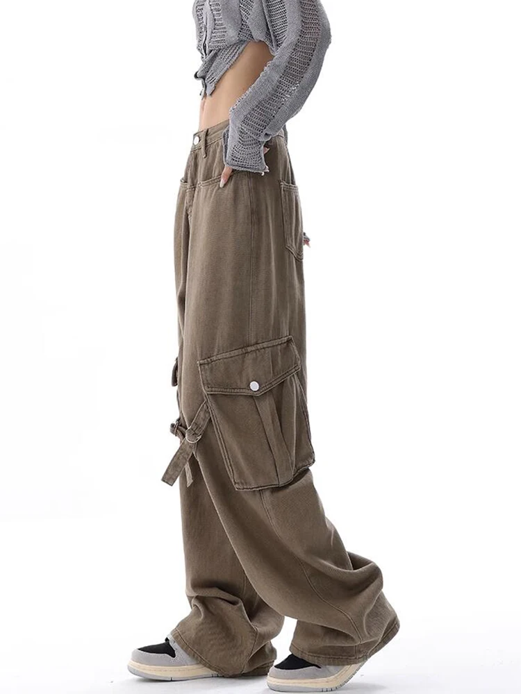 Vintage Pockets Cargo Jeans for Women Trendy High Waistd Wide Leg Denim Pants Casual Baggy Cargo Pants Y2K Boyfriend Trousers