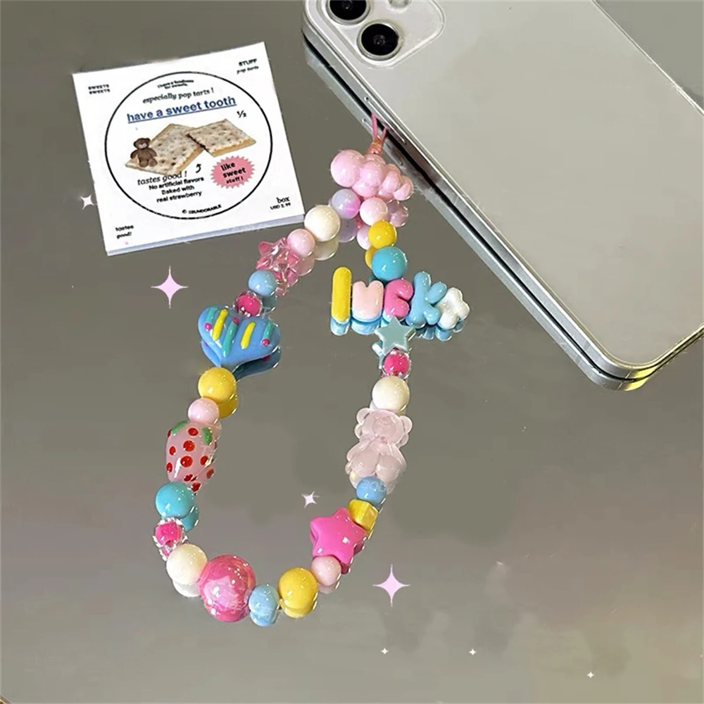 Y2K Lucky Bear Bead Phone Strap Charm Chain Clouds Lanyard For iPhone Accessrioes Key Chain Girl Bag Camera Pendant Jewelry Rope