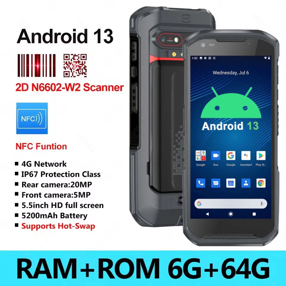 

RTF505 Android 13 2D Barcode Scanner MTK6769 5200mAh Battery Hot Swap, Handheld Scanner 6GB+64GB Rugged PDA Handheld Computer 4G