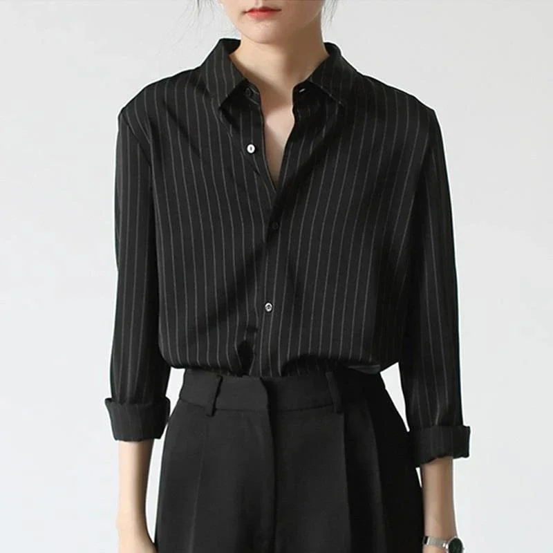 MEXZT-Chemises rayées noires vintage pour femmes, chemises de bureau à manches longues, chemisiers décontractés pour dames, mode coréenne élégante,